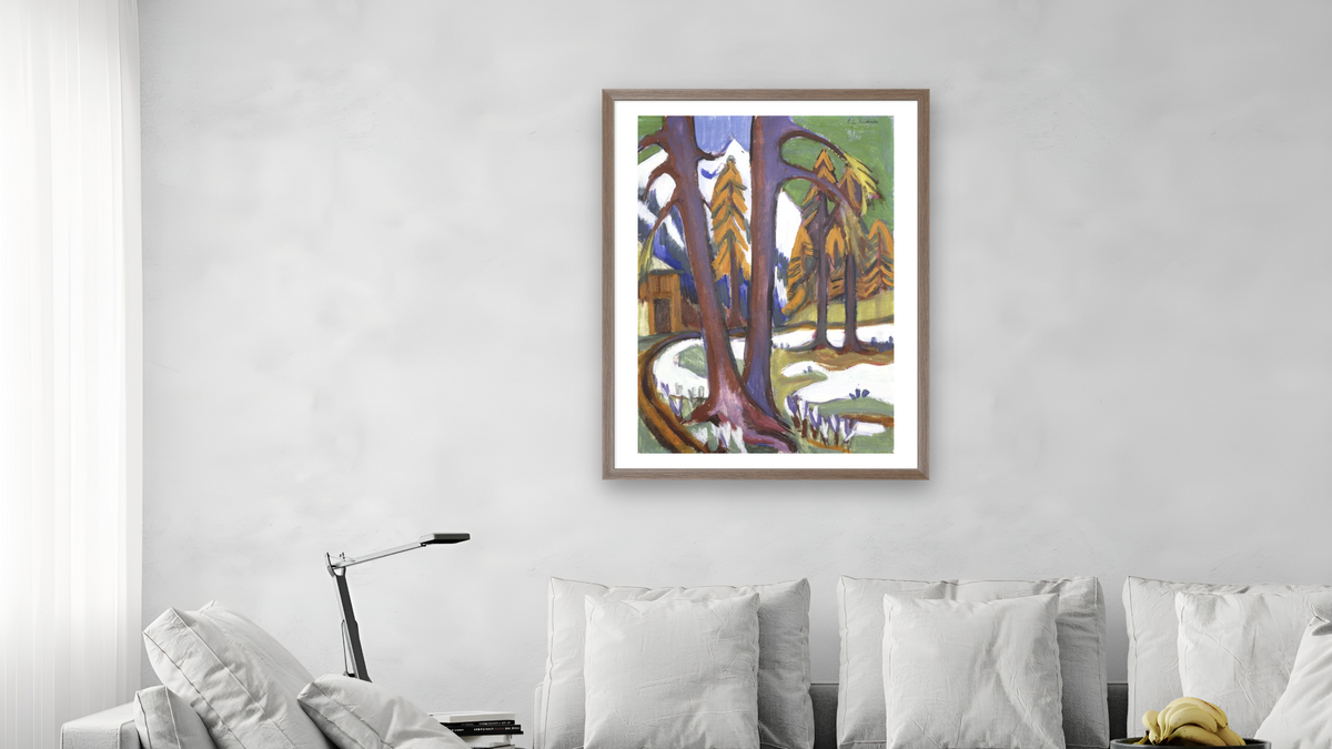 Mountain-Early Spring with Larchen by Ernst Ludwig Kirchner, shown at 30 × 40 in (76.2 × 101.6 cm) in Arber Light Walnut, living