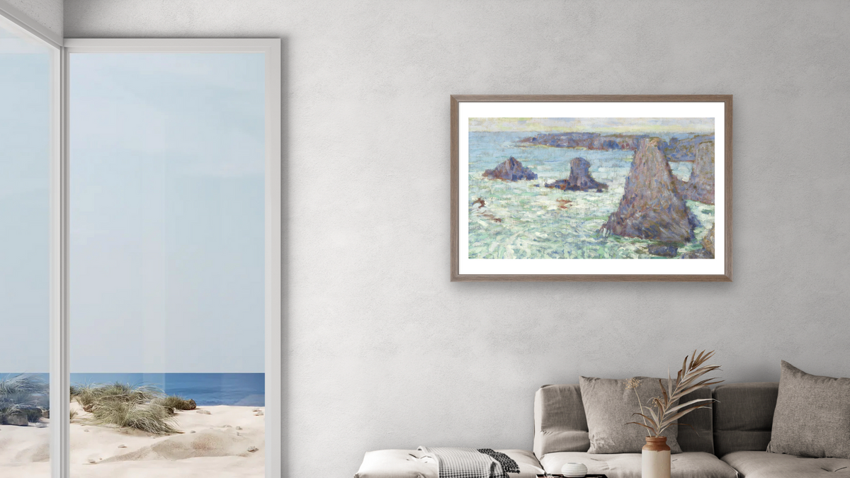 Les Aiguilles, Belle-Ile (The Needles, Belle-Ile) by John Peter Russell, shown at 28 × 42 in (71.1 × 106.7 cm) in Arber Light Walnut, living