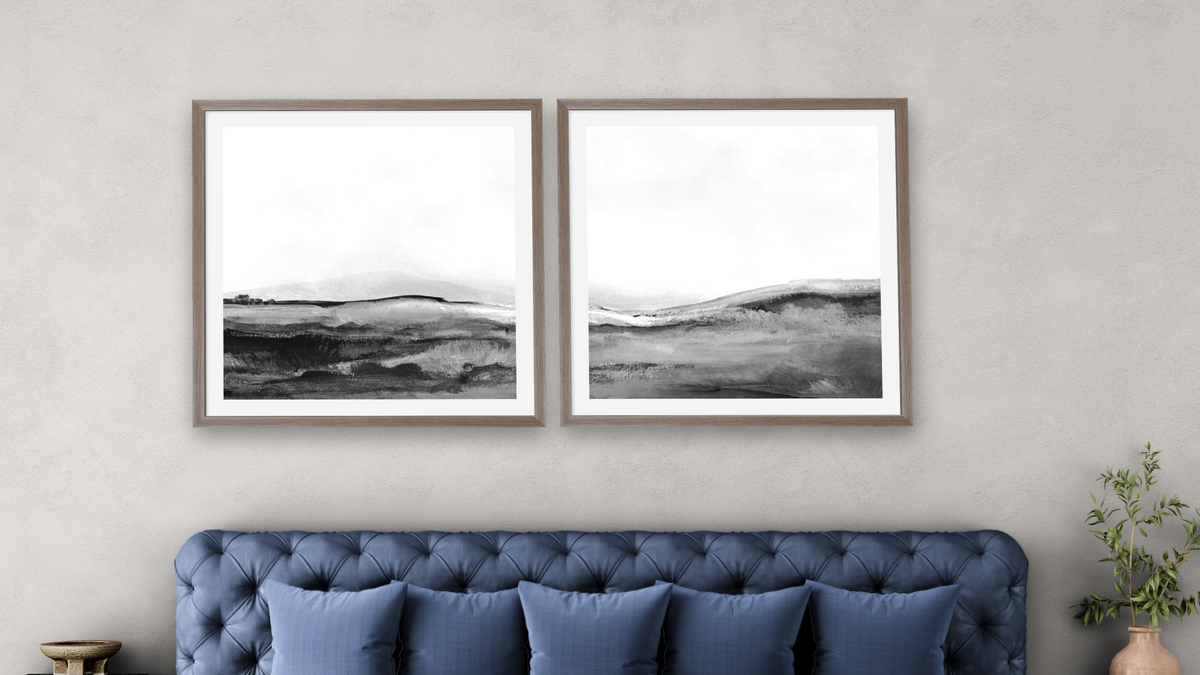 Diptych — Mono Landscape 1 × Mono Landscape 2, shown at 32 × 32 in (81.3 × 81.3 cm) in Arber Light Walnut, bedroom