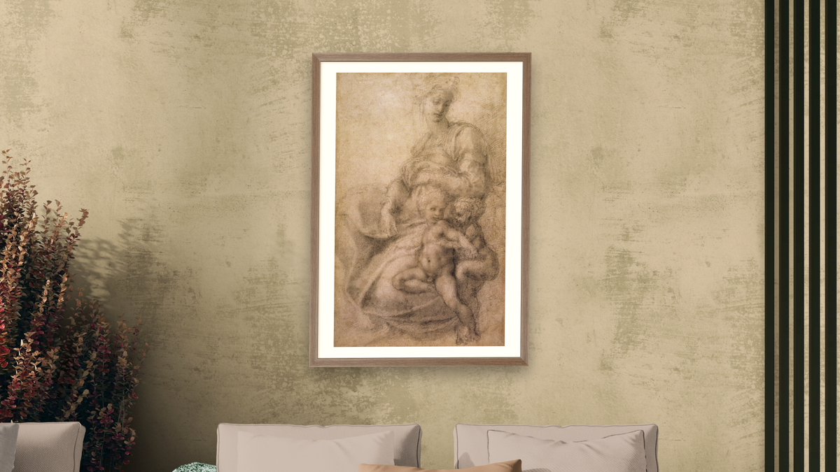 The Virgin and Child with the infant Baptist by Michelangelo Buonarroti, shown at 28 × 42 in (71.1 × 106.7 cm) in Arber Light Walnut, living