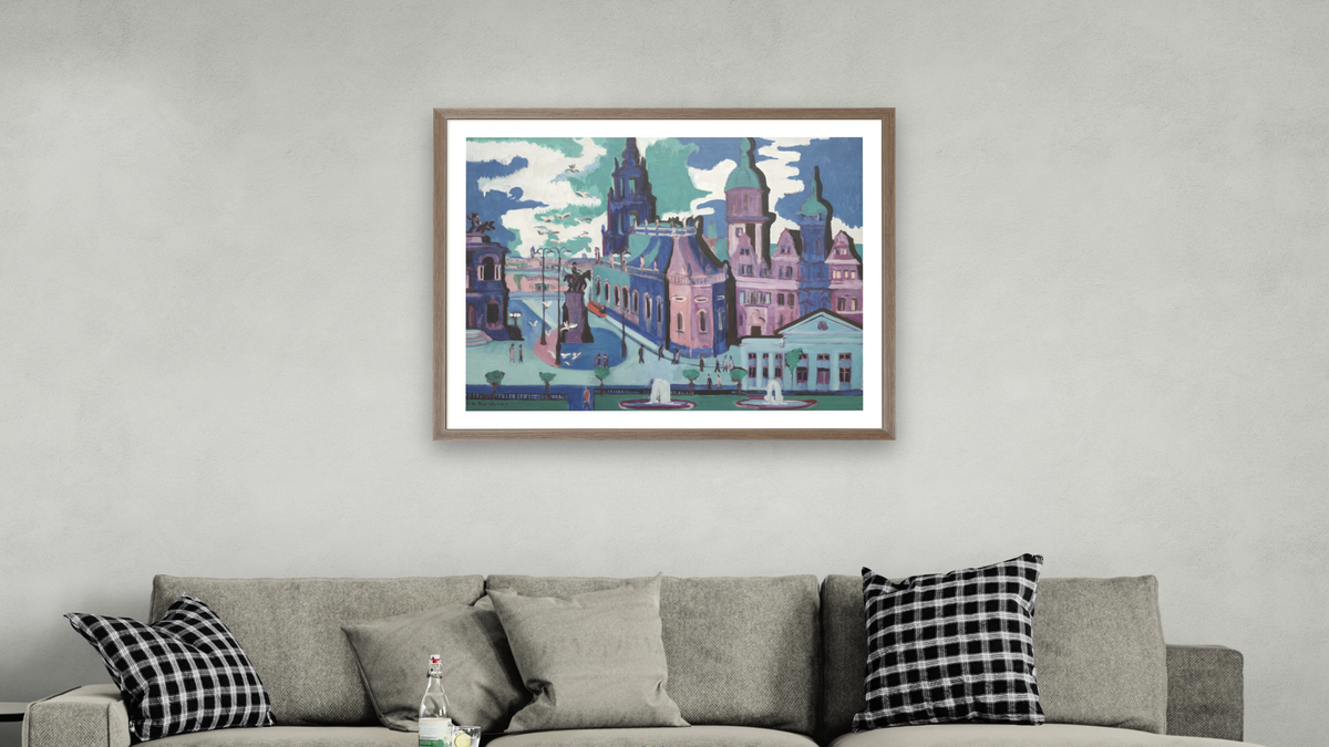 View of Dresden:  Schlossplatz by Ernst Ludwig Kirchner, shown at 32 × 40 in (81.3 × 101.6 cm) in Arber Light Walnut, living