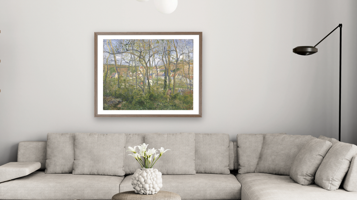 Wooded Landscape at L’Hermitage, Pontoise by Camille Pissarro, shown at 32 × 40 in (81.3 × 101.6 cm) in Arber Light Walnut, living