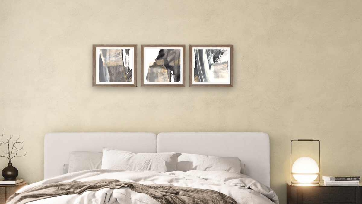 Triptych — Stone 1 × Stone 2 × Stone 3, shown at 16 × 16 in (40.6 × 40.6 cm) in Arber Light Walnut, bedroom