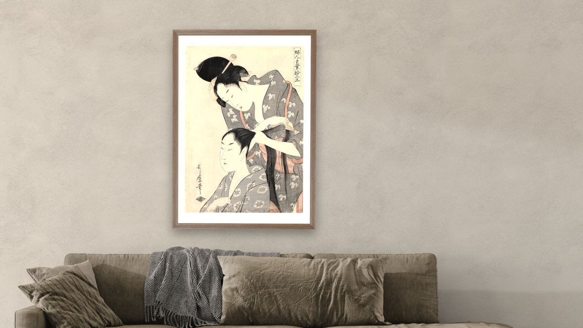 Hairdresser, illustration from the series 'Twelve types of women's handicraft', shown at 28 × 42 in (71.1 × 106.7 cm) in Arber Light Walnut, living