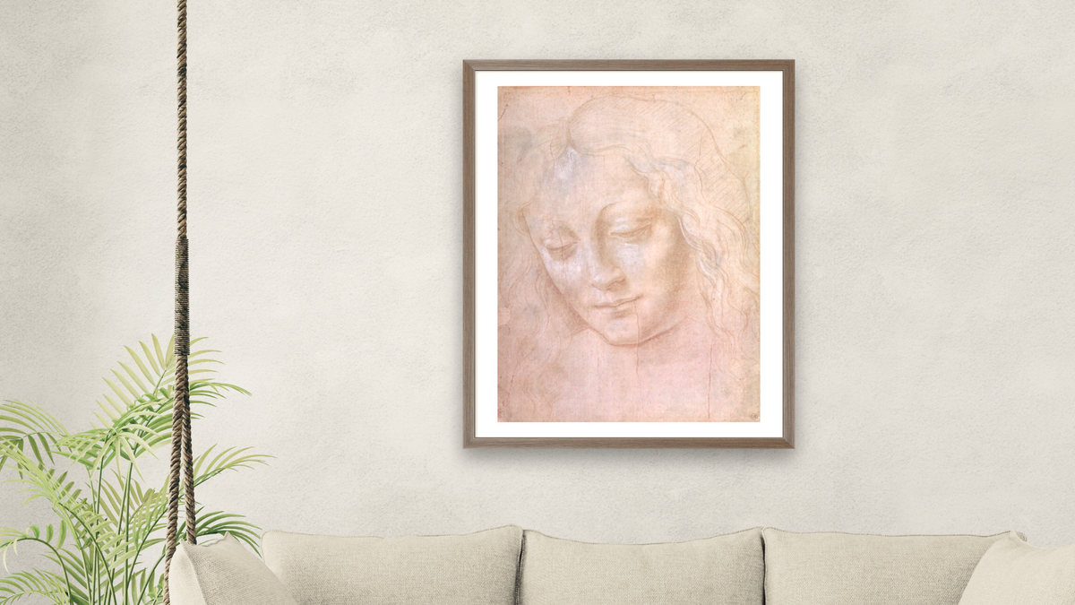 Head of a woman (metal point heightened with gouache) by Leonardo da Vinci, shown at 30 × 40 in (76.2 × 101.6 cm) in Arber Light Walnut, living