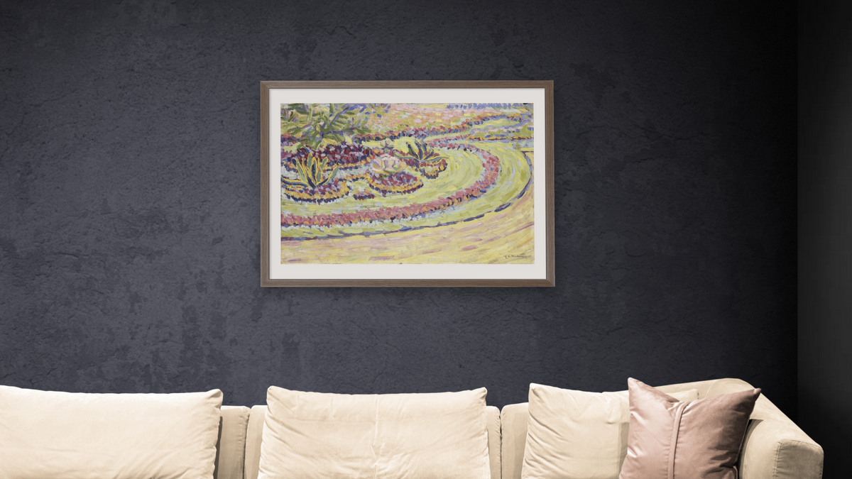 Flowerbed by Ernst Ludwig Kirchner, shown at 30 × 40 in (76.2 × 101.6 cm) in Arber Light Walnut, living