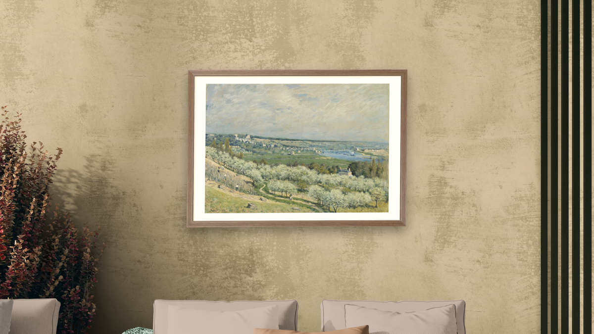 The Terrace at Saint-Germain, Spring by Alfred Sisley, shown at 28 × 42 in (71.1 × 106.7 cm) in Arber Light Walnut, living