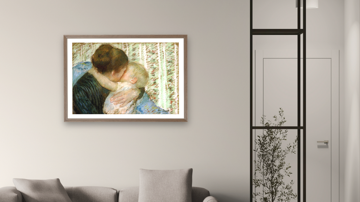 A Goodnight Hug by Mary Cassatt, shown at 28 × 42 in (71.1 × 106.7 cm) in Arber Light Walnut, living