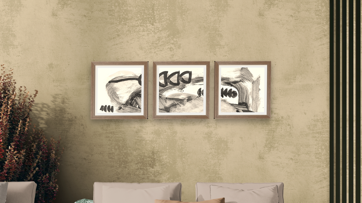 Triptych — Black White Set 1 × Black White Set 2 × Black White Set 3, shown at 16 × 16 in (40.6 × 40.6 cm) in Arber Light Walnut, living