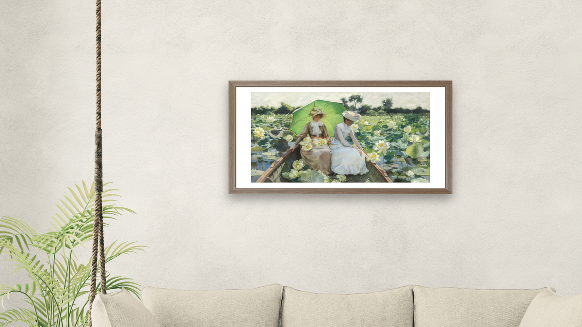 Lotus Lilies by Charles Courtney Curran, shown at 20 × 40 in (50.8 × 101.6 cm) in Arber Light Walnut, living