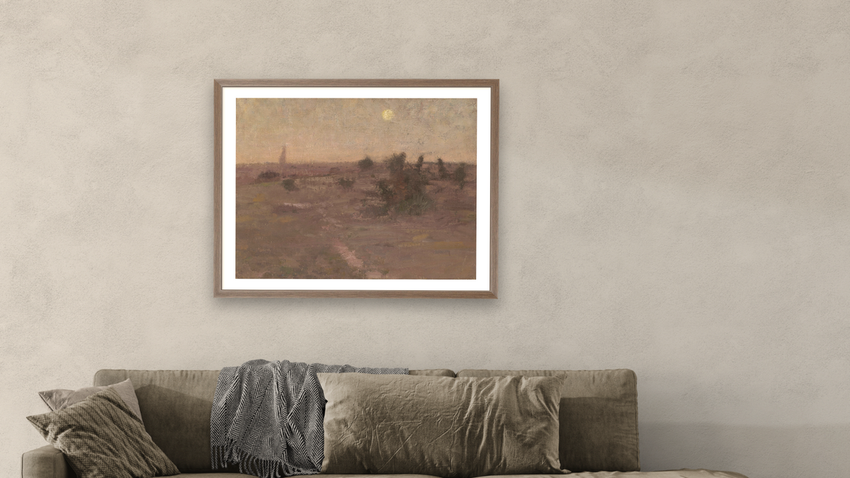 Moonrise Templestowe by David Davies, shown at 30 × 40 in (76.2 × 101.6 cm) in Arber Light Walnut, living