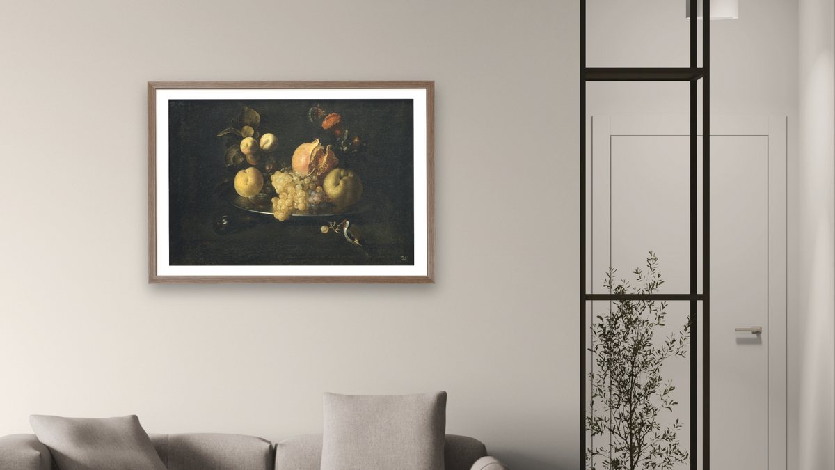 Natura morta amb fruita i cadernera by Juan de Zurbarán, shown at 28 × 42 in (71.1 × 106.7 cm) in Arber Light Walnut, living