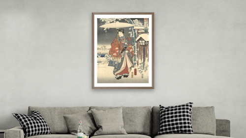A modern version of the Tale of Genji in snow scenes, shown at 28 × 42 in (71.1 × 106.7 cm) in Arber Light Walnut, living [arteriel-render:v6:room_b:28x42@50,37]