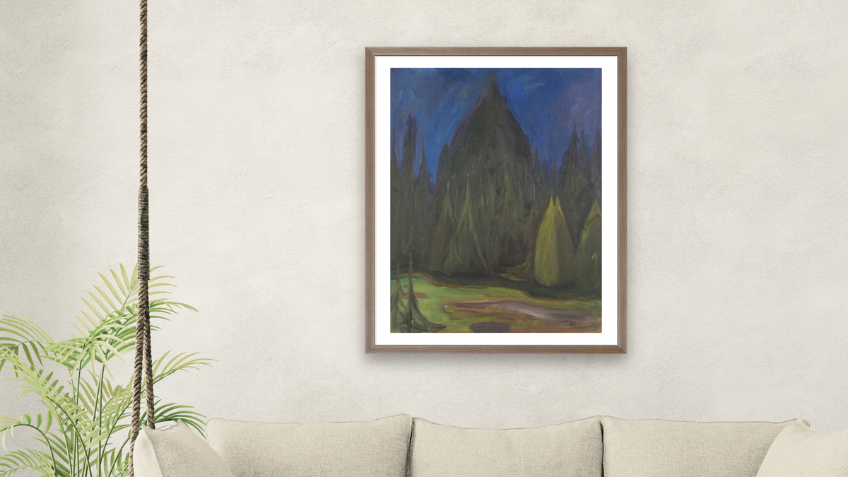 Dark Spruce Forest by Edvard Munch, shown at 30 × 40 in (76.2 × 101.6 cm) in Arber Light Walnut, living