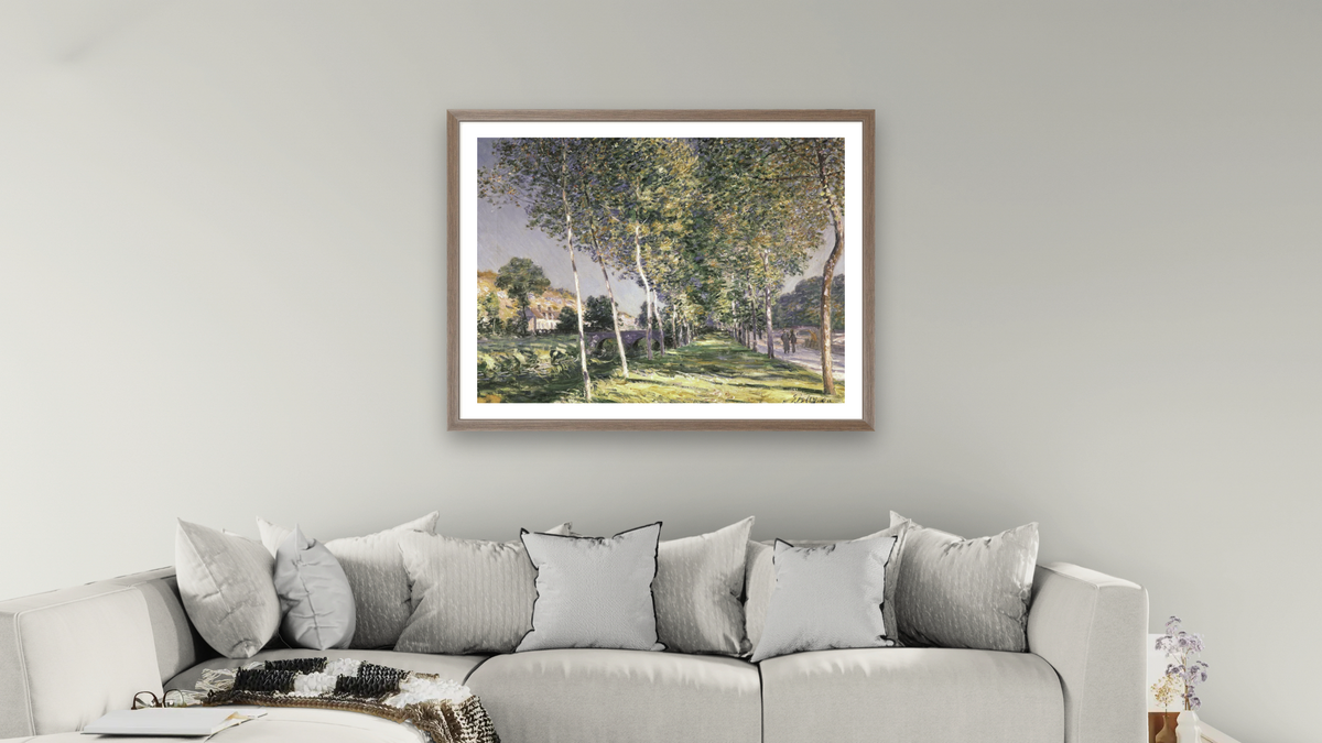 The Walk by Alfred Sisley, shown at 30 × 40 in (76.2 × 101.6 cm) in Arber Light Walnut, living