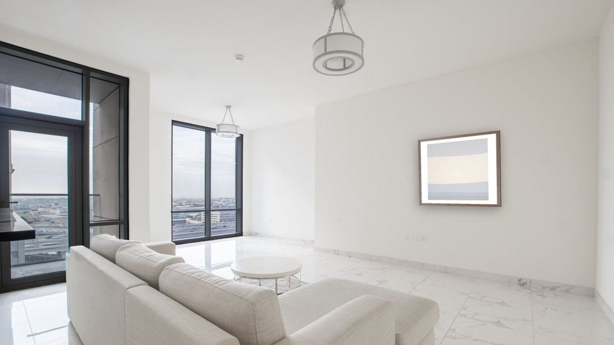 Beyond by Felrath Hines, shown at 32 × 32 in (81.3 × 81.3 cm) in Arber Light Walnut, living