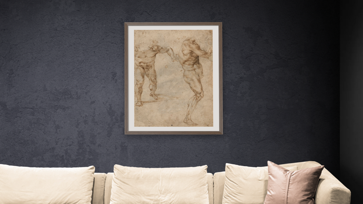 Two Nude Studies of a Man Storming Forward and Another Turning to the Right (verso) by Michelangelo Buonarroti, shown at 30 × 40 in (76.2 × 101.6 cm) in Arber Light Walnut, living