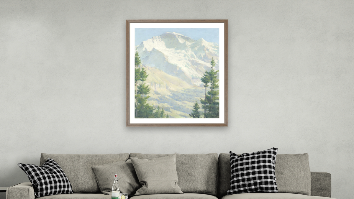 The Jungfrau, Afternoon Sunlight by Charles Courtney Curran, shown at 32 × 40 in (81.3 × 101.6 cm) in Arber Light Walnut, living