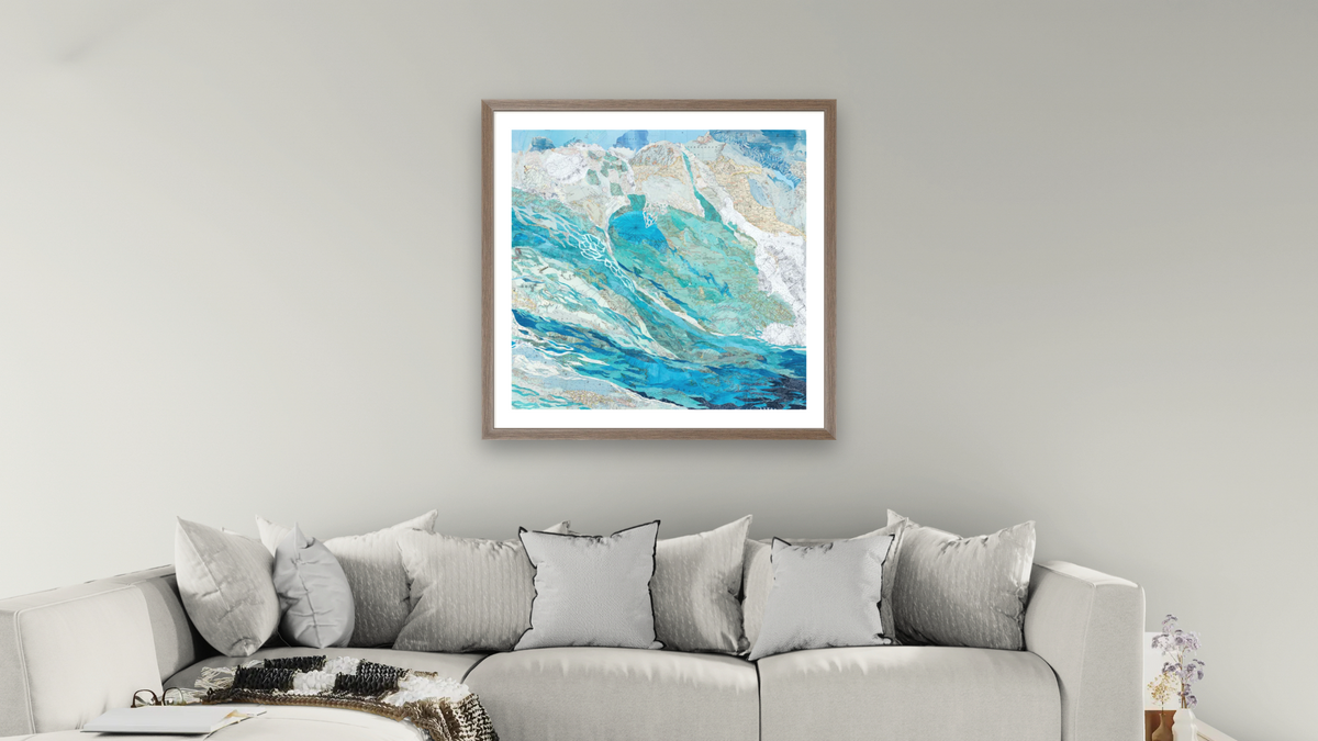 Ocean Wave 2 by Marcie Ojeda, shown at 32 × 32 in (81.3 × 81.3 cm) in Arber Light Walnut, living