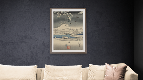A modern version of the Tale of Genji in snow scenes, shown at 28 × 42 in (71.1 × 106.7 cm) in Arber Light Walnut, living [arteriel-render:v6:room_b:28x42@48,38]