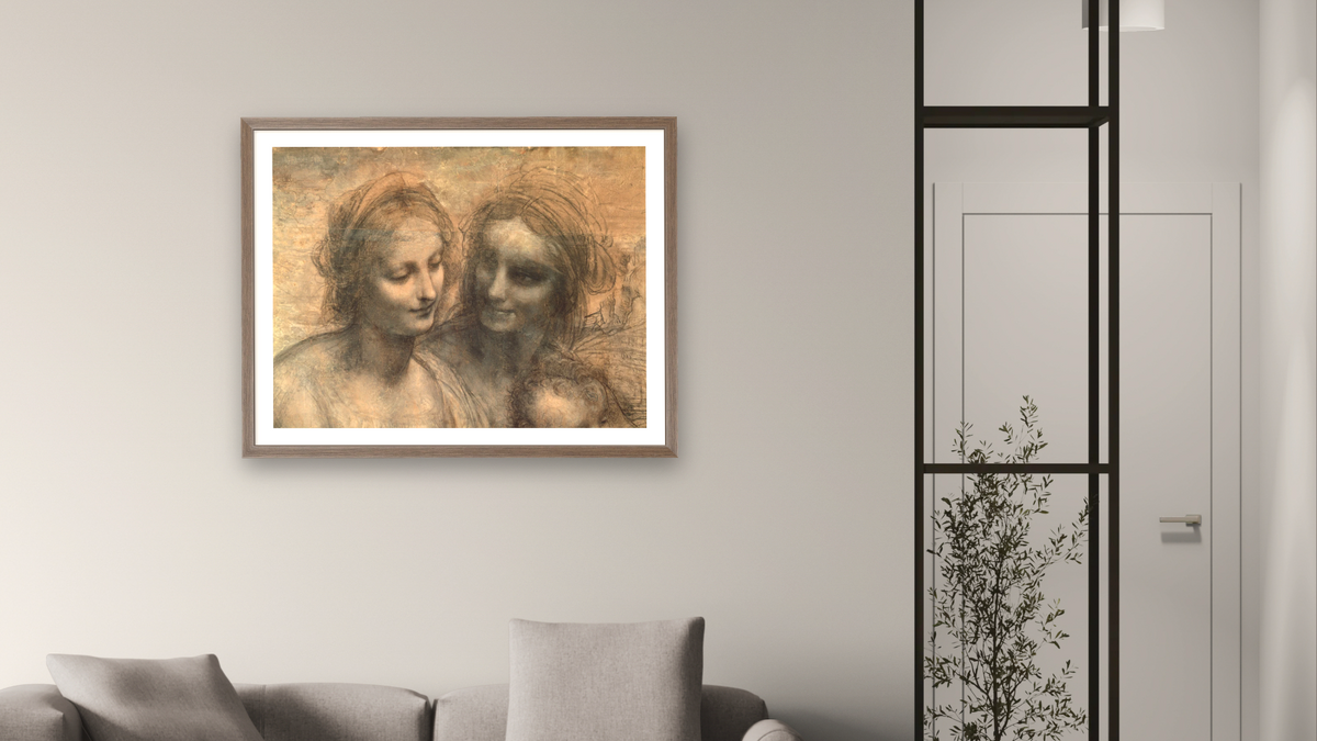 Detail of the Heads of the Virgin and St. Anne, from The Virgin and Child with SS. Anne and John the Baptist by Leonardo da Vinci, shown at 30 × 40 in (76.2 × 101.6 cm) in Arber Light Walnut, living