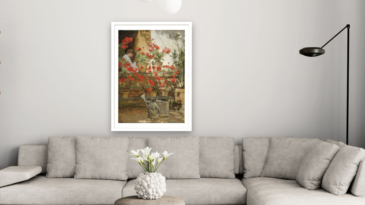 Geraniums by Childe Hassam, shown at 28 × 42 in (71.1 × 106.7 cm) in Arber Light Walnut, living