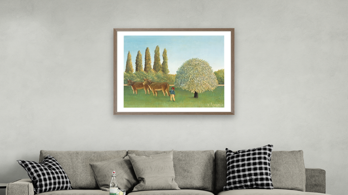 Meadowland by Henri Rousseau, shown at 32 × 40 in (81.3 × 101.6 cm) in Arber Light Walnut, living