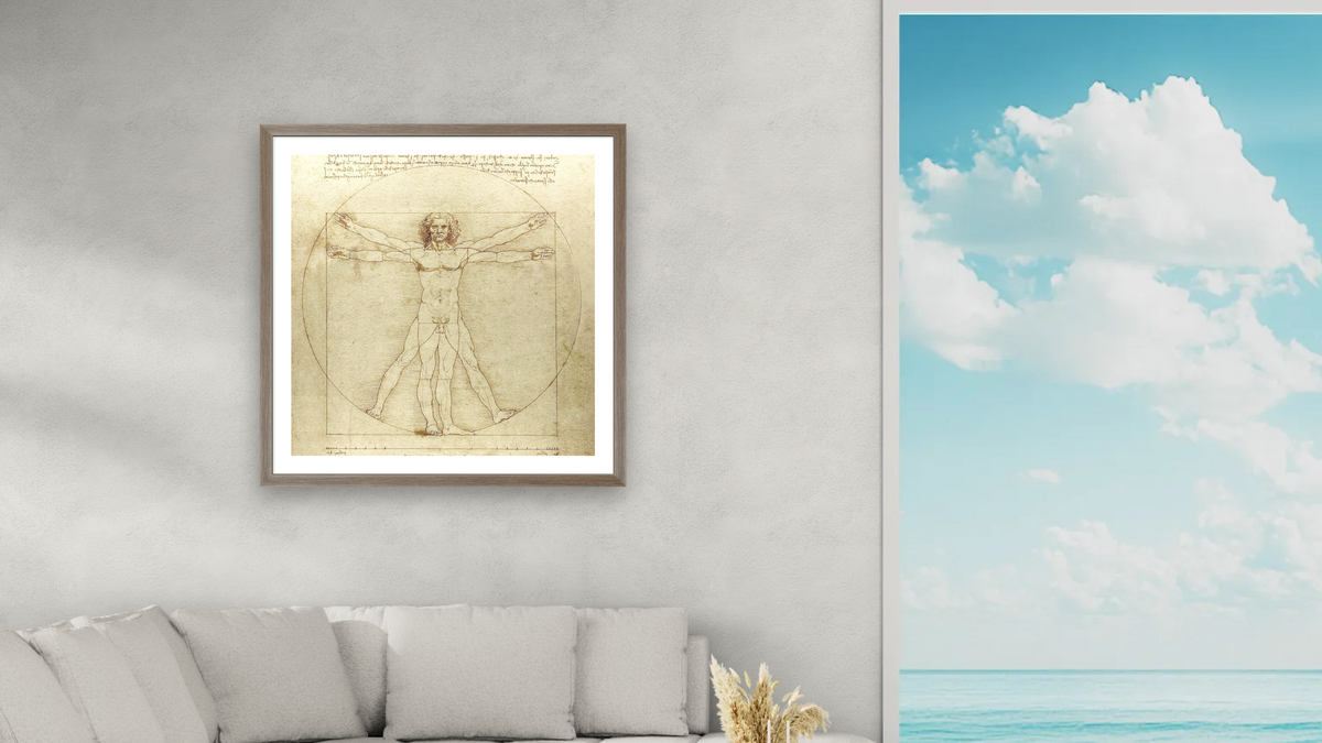 Vitruvian Man (Canon of Proportions) by Leonardo da Vinci, shown at 32 × 32 in (81.3 × 81.3 cm) in Arber Light Walnut, living