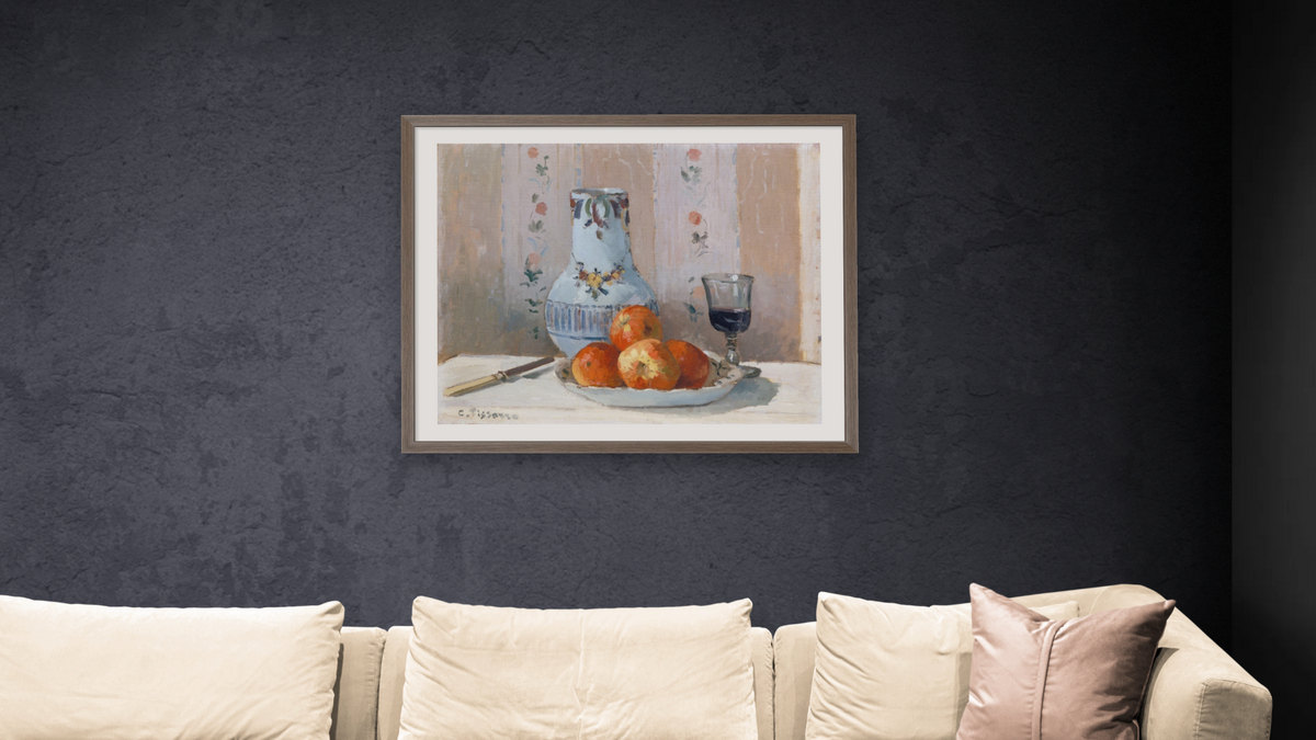 Still Life with Apples and Pitcher by Camille Pissarro, shown at 32 × 40 in (81.3 × 101.6 cm) in Arber Light Walnut, living