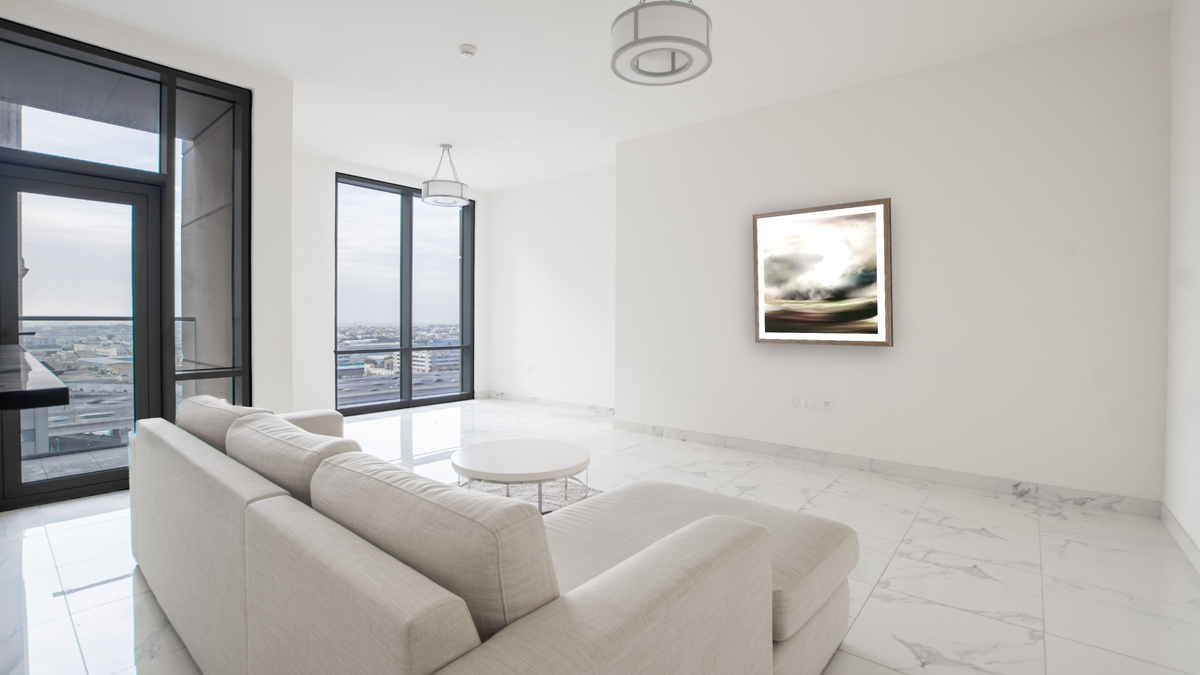 Ocean Light by Dan Hobday, shown at 32 × 32 in (81.3 × 81.3 cm) in Arber Light Walnut, living
