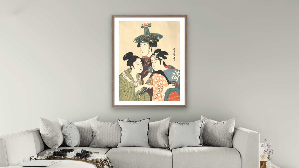 Three young men or women by Kitagawa Utamaro, shown at 30 × 40 in (76.2 × 101.6 cm) in Arber Light Walnut, living