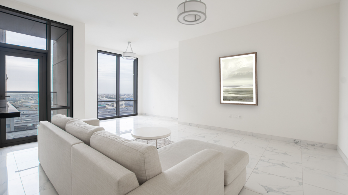 Lakes 2 by Dan Hobday, shown at 30 × 42 in (76.2 × 106.7 cm) in Arber Light Walnut, living