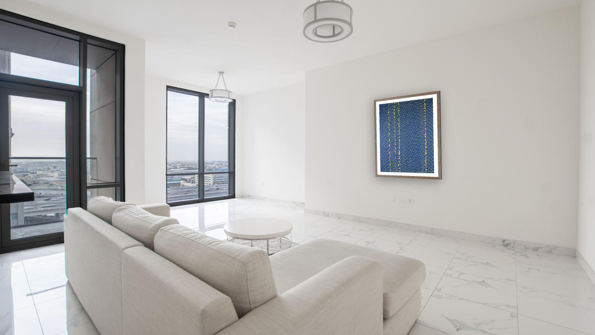 Grey Night Phenomenon by Alma Thomas, shown at 31 × 40 in (78.7 × 101.6 cm) in Arber Light Walnut, living
