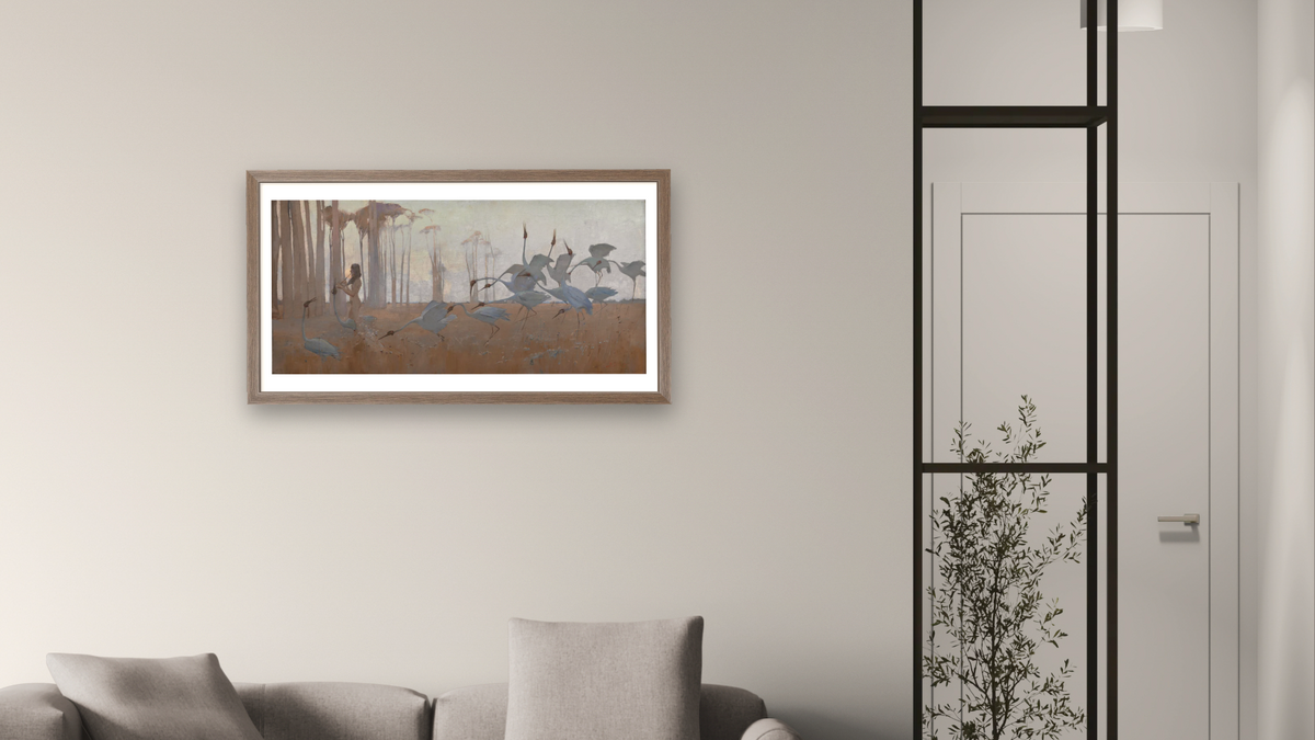 Spirit of the Plains by Sydney Long, shown at 20 × 40 in (50.8 × 101.6 cm) in Arber Light Walnut, living