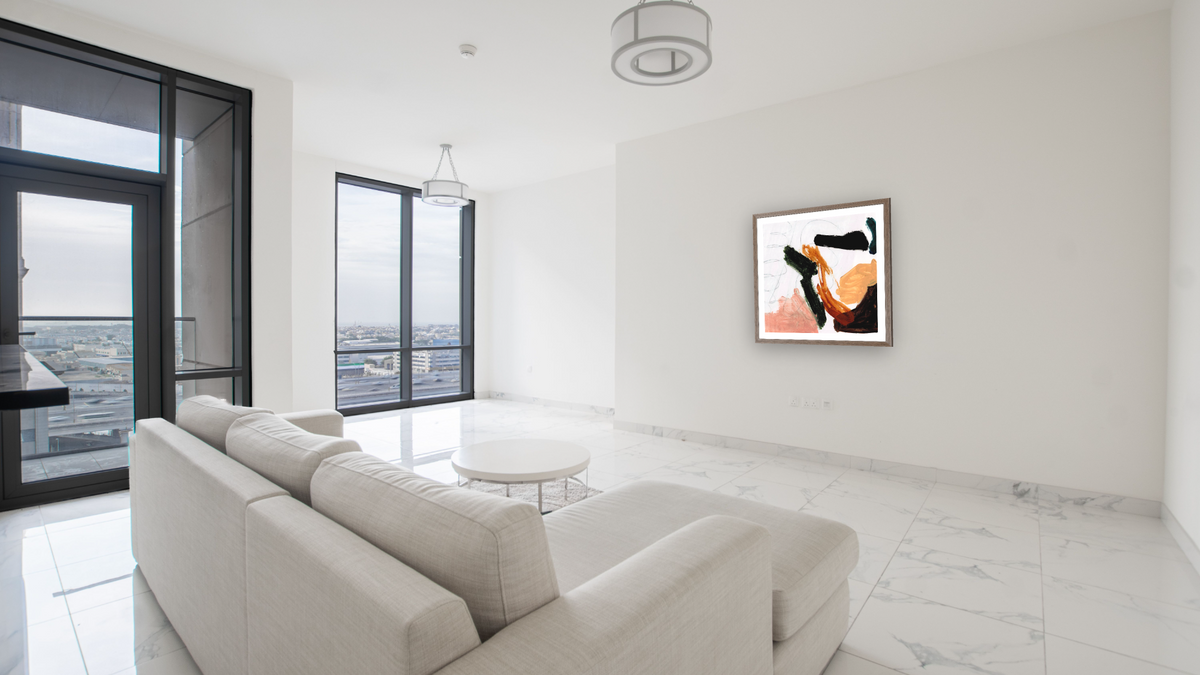 Play 2 by Dan Hobday, shown at 32 × 32 in (81.3 × 81.3 cm) in Arber Light Walnut, living