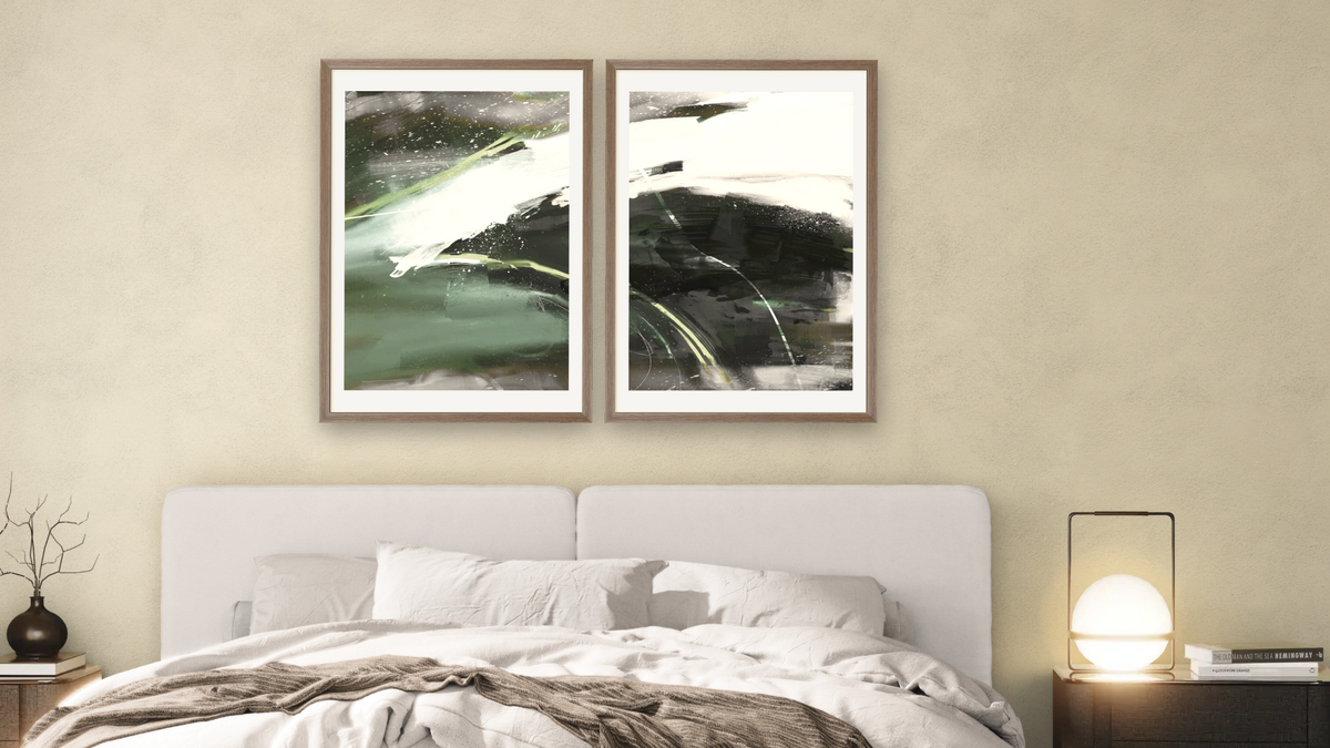 Diptych — Cast 1 × Cast2, shown at 28 × 42 in (71.1 × 106.7 cm) in Arber Light Walnut, bedroom