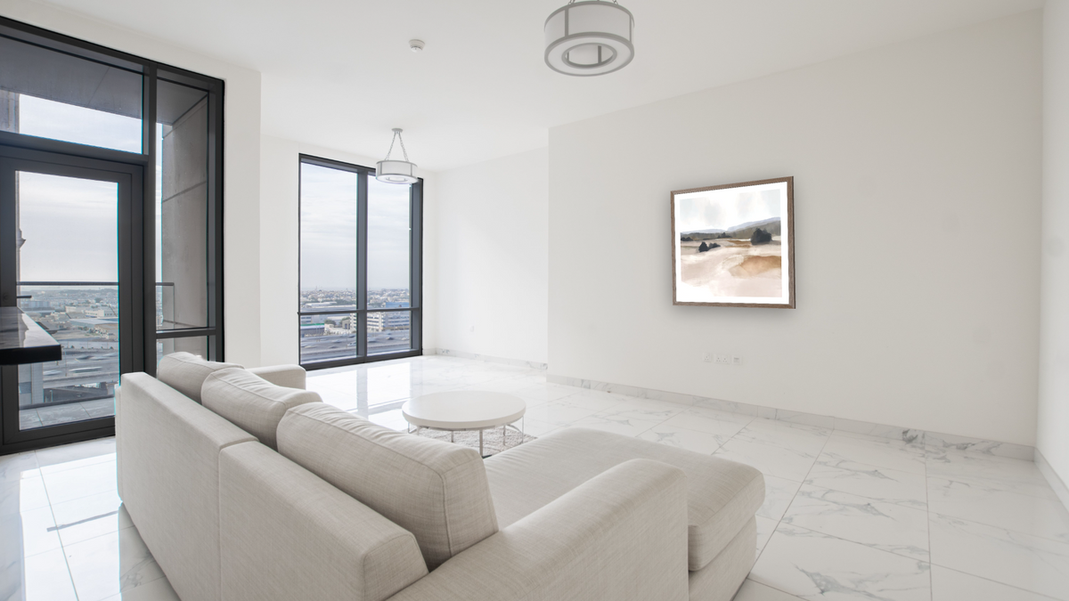 The Ranch by Dan Hobday, shown at 32 × 32 in (81.3 × 81.3 cm) in Arber Light Walnut, living