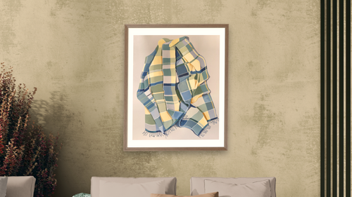 A Day In July by Catherine Gerke, shown at 32 × 40 in (81.3 × 101.6 cm) in Arber Light Walnut, living [arteriel-render:v6:room_b:32x40@50,44]