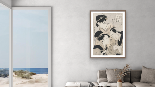 A triple portrait of Ohan of the Shinanoya, Choemon and his wife Okinu by Kitagawa Utamaro, shown at 28 × 42 in (71.1 × 106.7 cm) in Arber Light Walnut, living [arteriel-render:v6:room_b:28x42@70,39]