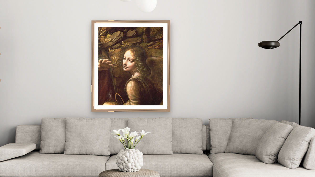 Detail of the Angel, from The Virgin of the Rocks (The Virgin with the Infant St. John adoring the Infant Christ accompanied by an Angel) by Leonardo da Vinci, shown at 32 × 40 in (81.3 × 101.6 cm) in Arber Light Walnut, living
