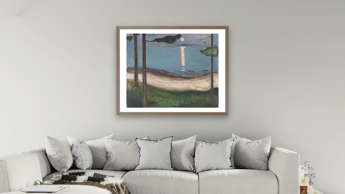Moonlight by Edvard Munch, shown at 32 × 40 in (81.3 × 101.6 cm) in Arber Light Walnut, living