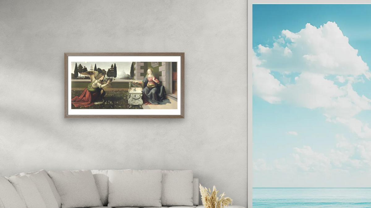 Annunciation (post-restoration) by Leonardo da Vinci, shown at 20 × 40 in (50.8 × 101.6 cm) in Arber Light Walnut, living