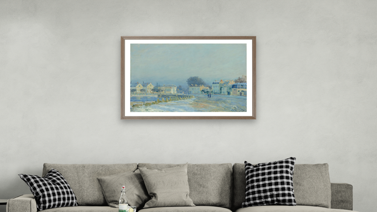 The Watering Pond at Marly with Hoarfrost (L'Abreuvoir a Marly - gelee blanche) by Alfred Sisley, shown at 28 × 42 in (71.1 × 106.7 cm) in Arber Light Walnut, living