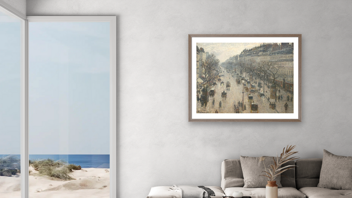 The Boulevard Montmartre on a Winter Morning by Camille Pissarro, shown at 32 × 40 in (81.3 × 101.6 cm) in Arber Light Walnut, living