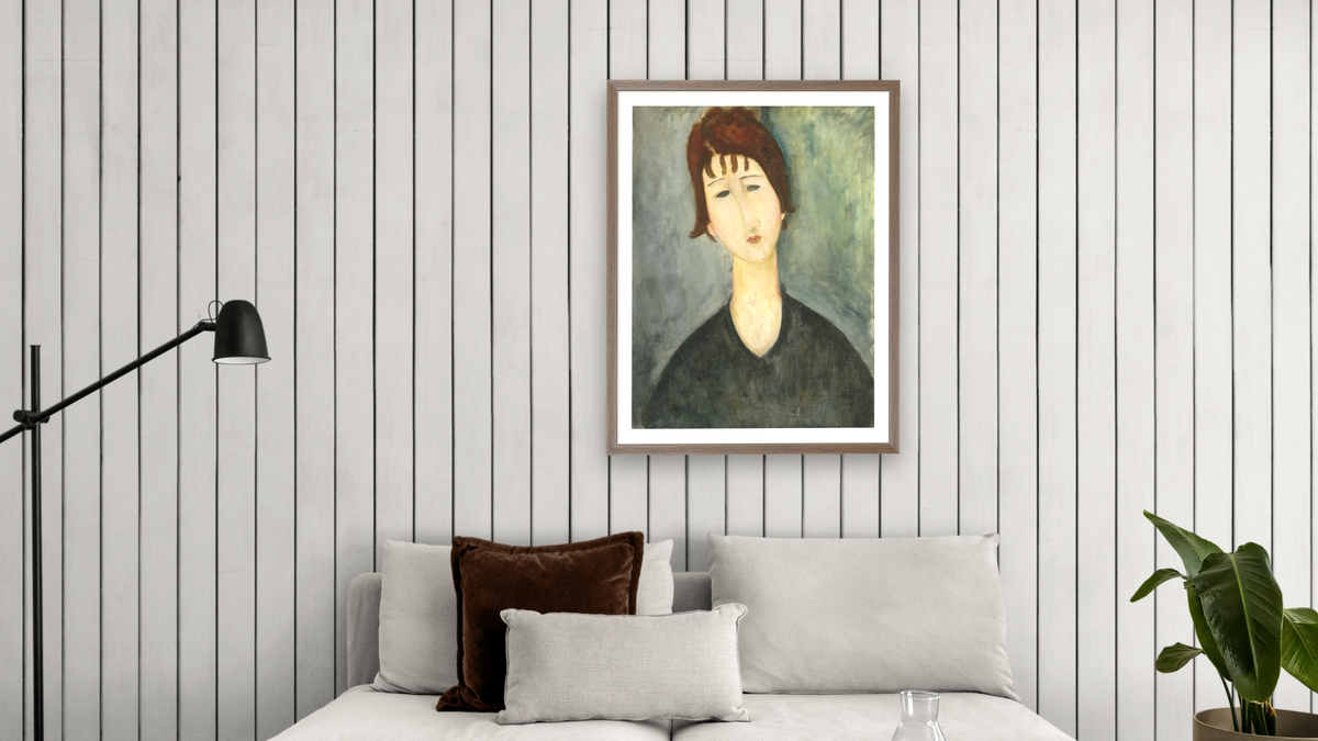 A Woman by Amedeo Modigliani, shown at 30 × 40 in (76.2 × 101.6 cm) in Arber Light Walnut, living