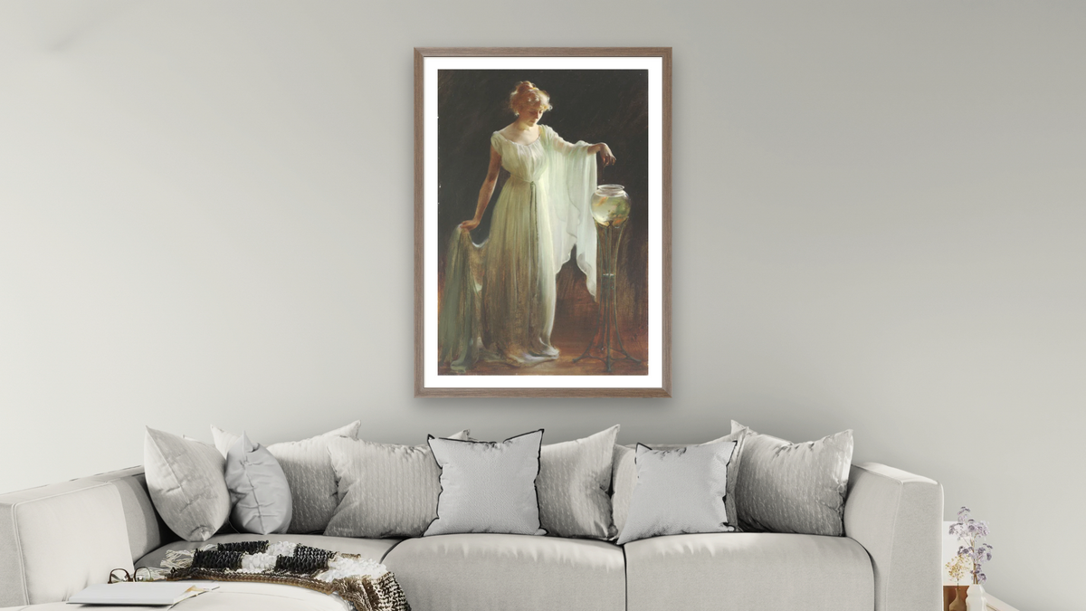 The Goldfish by Charles Courtney Curran, shown at 28 × 42 in (71.1 × 106.7 cm) in Arber Light Walnut, living