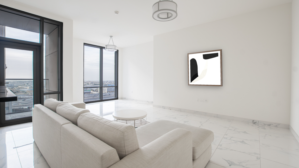 Minimal Shapes 1 by Dan Hobday, shown at 32 × 32 in (81.3 × 81.3 cm) in Arber Light Walnut, living