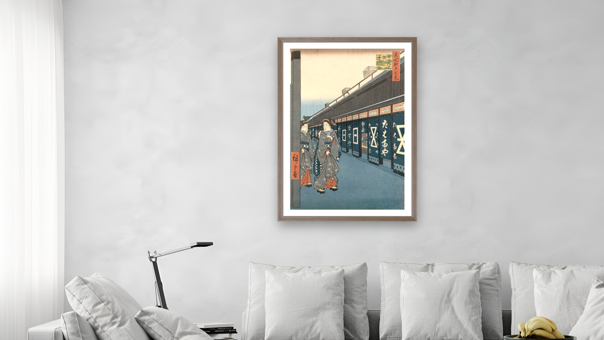 Wholesalers of cotton fabrics at Otemma Street, illustration from the series 'On hundred famous views of Edo', shown at 28 × 42 in (71.1 × 106.7 cm) in Arber Light Walnut, living