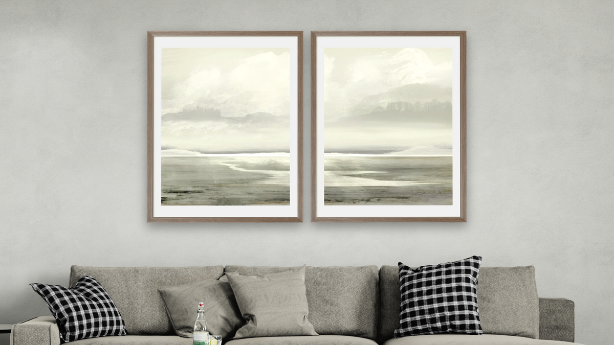 Diptych — Lakes 1 × Lakes 2, shown at 28 × 42 in (71.1 × 106.7 cm) in Arber Light Walnut, living