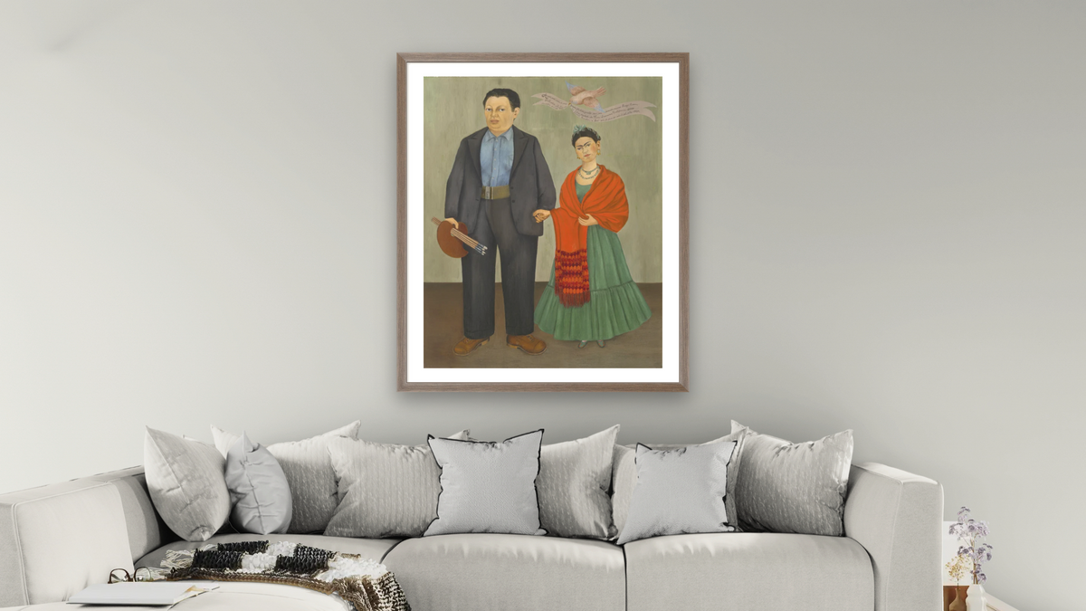 Frieda and Diego Rivera by Frida Kahlo, shown at 32 × 40 in (81.3 × 101.6 cm) in Arber Light Walnut, living